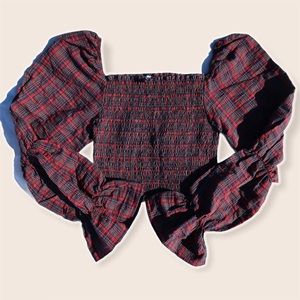 Zara Red plaid Puff Sleeves Victorian Crop Top